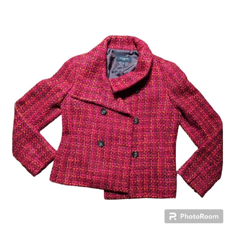 Talbots Tweed Double-Breasted Wool Blend Women's Coat Size 4P Color Red Black - Picture 2 of 8